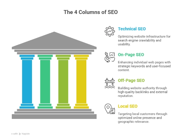 4 Columns of SEO including Technical, On-Page, Off-Page & Local SEO